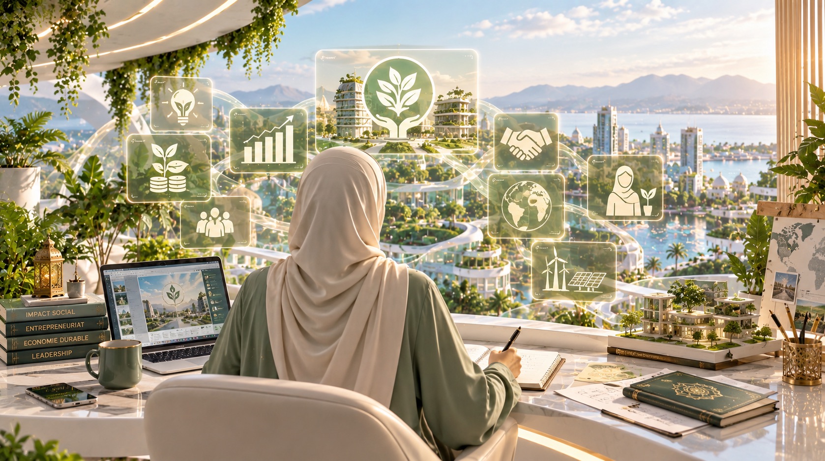 Femme de dos à son bureau, prenant des notes face à une ville lumineuse, entourée d'icônes d'entraide, de croissance et d'entrepreneuriat