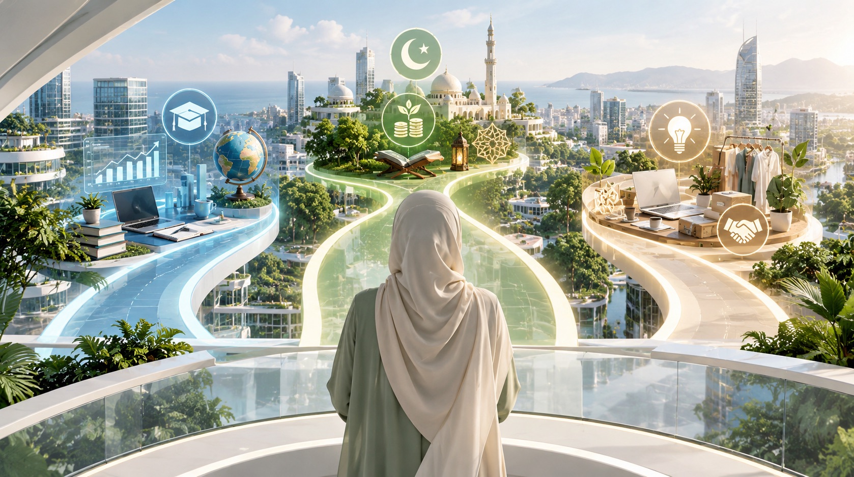 Femme de dos face à trois chemins lumineux menant au savoir, à la finance islamique et à l'entrepreneuriat